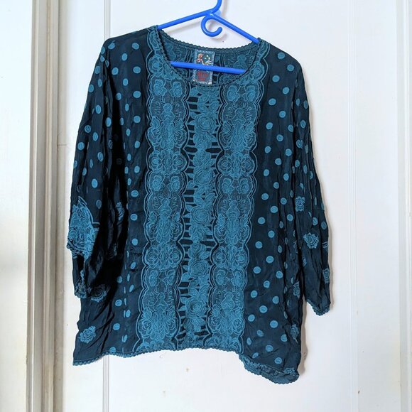 Johnny Was Analusia Embroidered Tunic Top Emerald Green Polka Dot Size S - Picture 3 of 10
